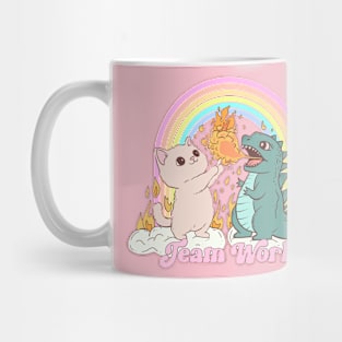 Team work! Cute cat and dino Mug